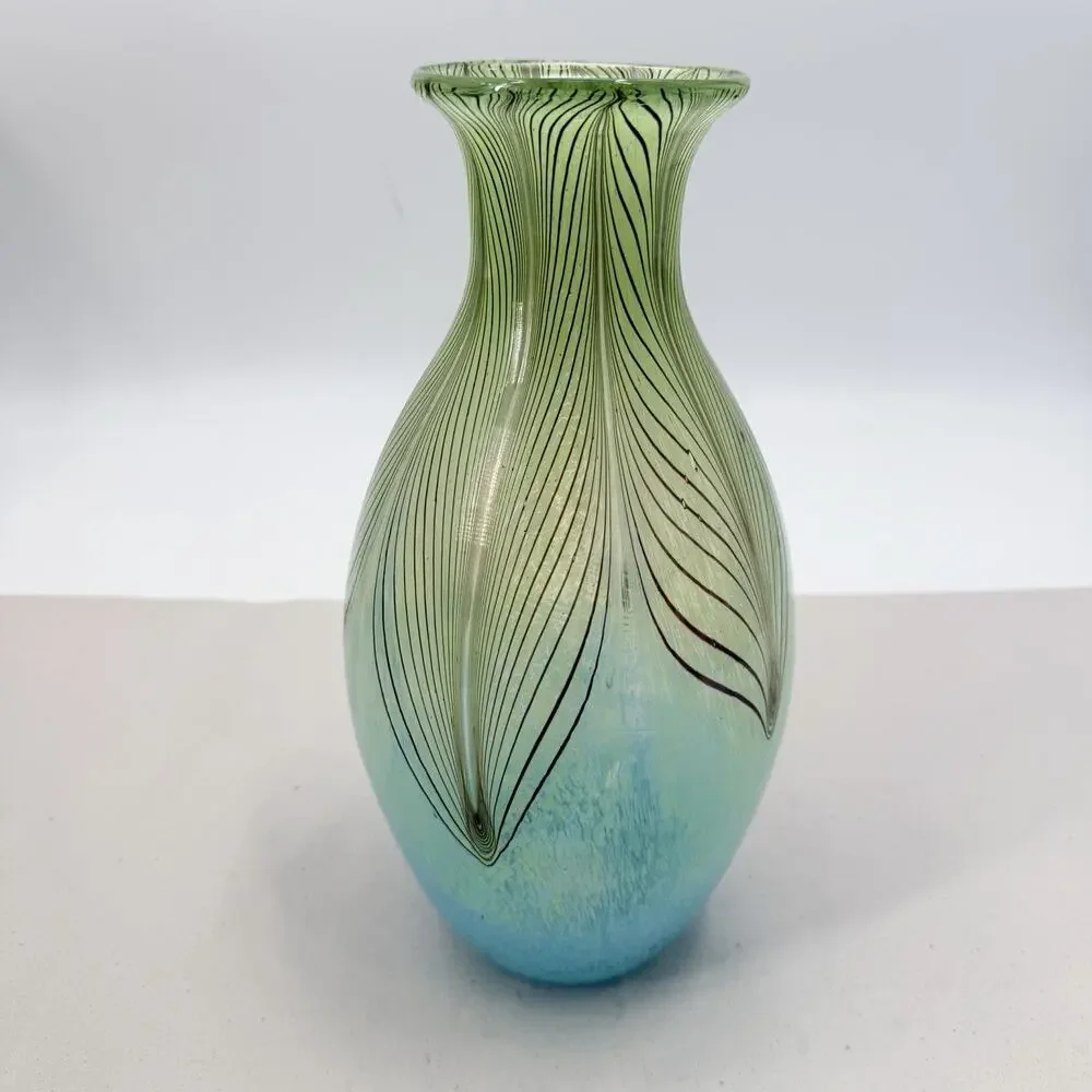 Boho Blue Green Pulled Feather Murano Style Art Glass Vase Hand Blown 12.75